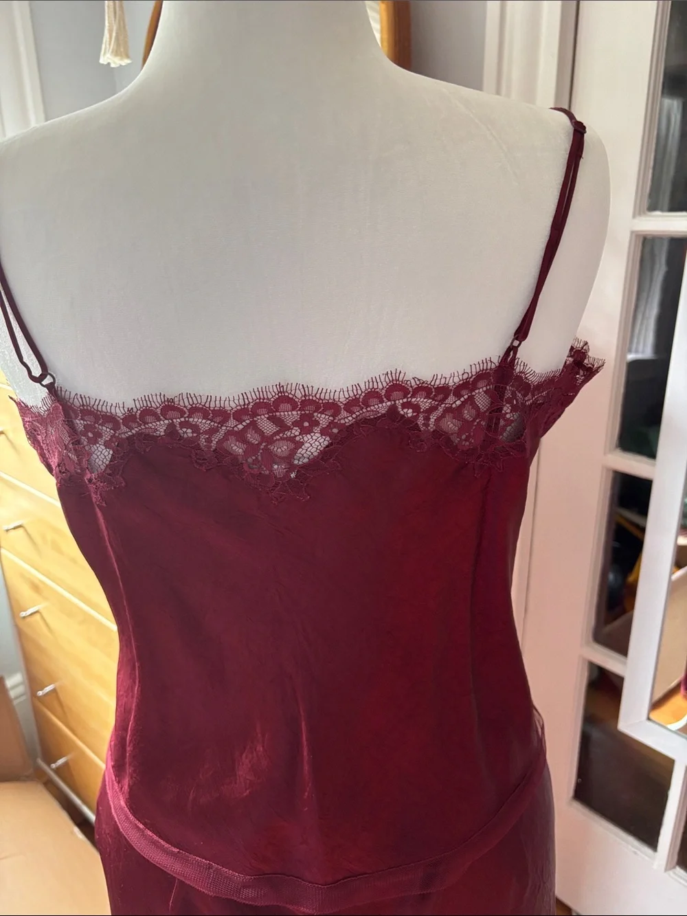 Matching set Jcrew, wine red lace trim cami and skirt with side slit